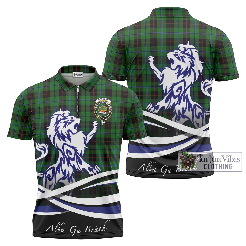 Douglas Black Tartan Zipper Polo Shirt with Alba Gu Brath Regal Lion Emblem Unisex - Tartanvibesclothing Shop