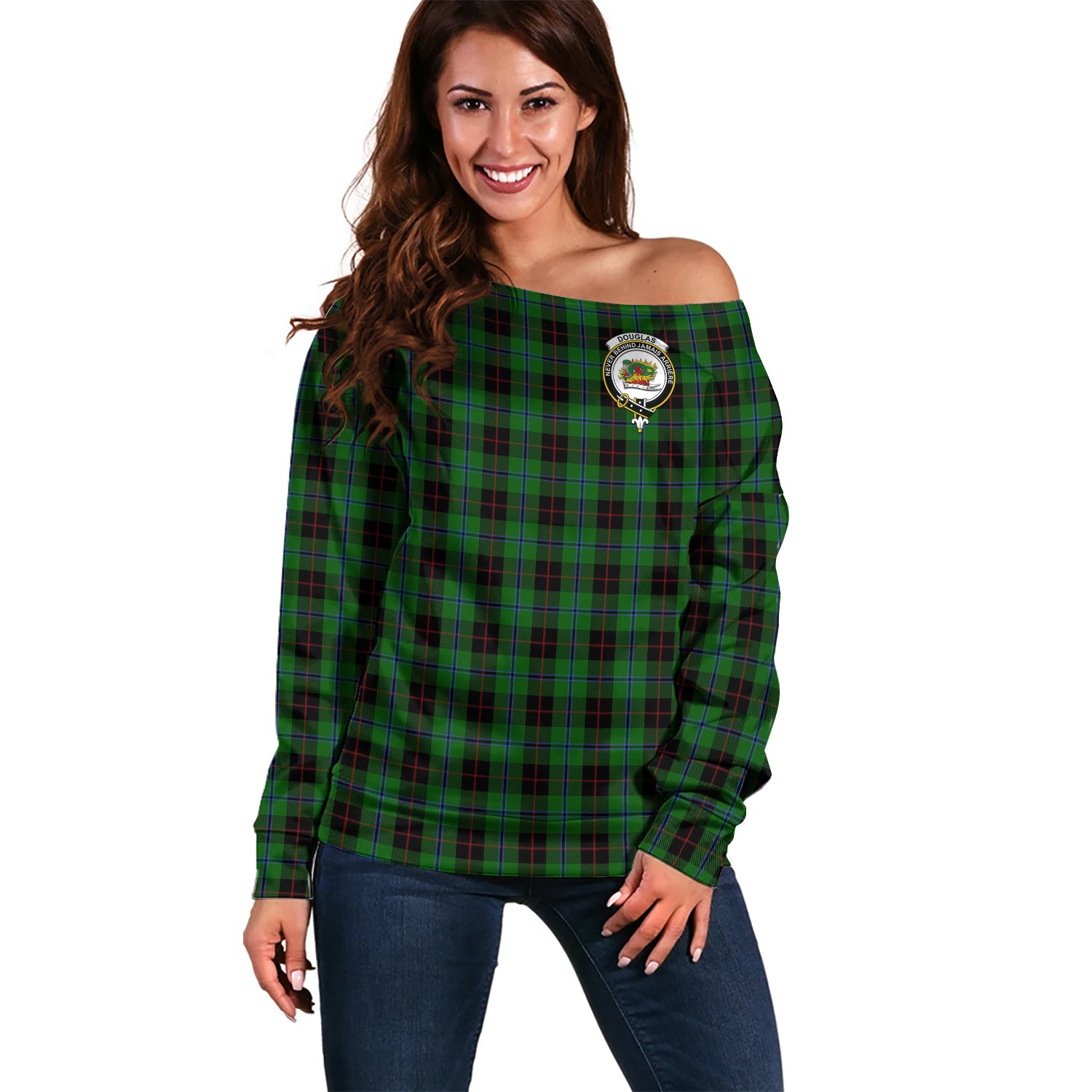 Douglas Black Tartan Off Shoulder Women Sweater with Family Crest Women - Tartanvibesclothing