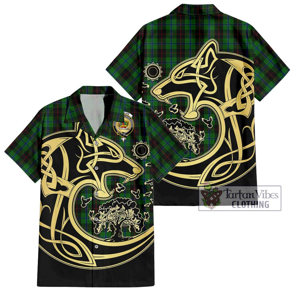 Douglas Black Tartan Short Sleeve Button Shirt with Family Crest Celtic Wolf Style Kid - Tartan Vibes Clothing