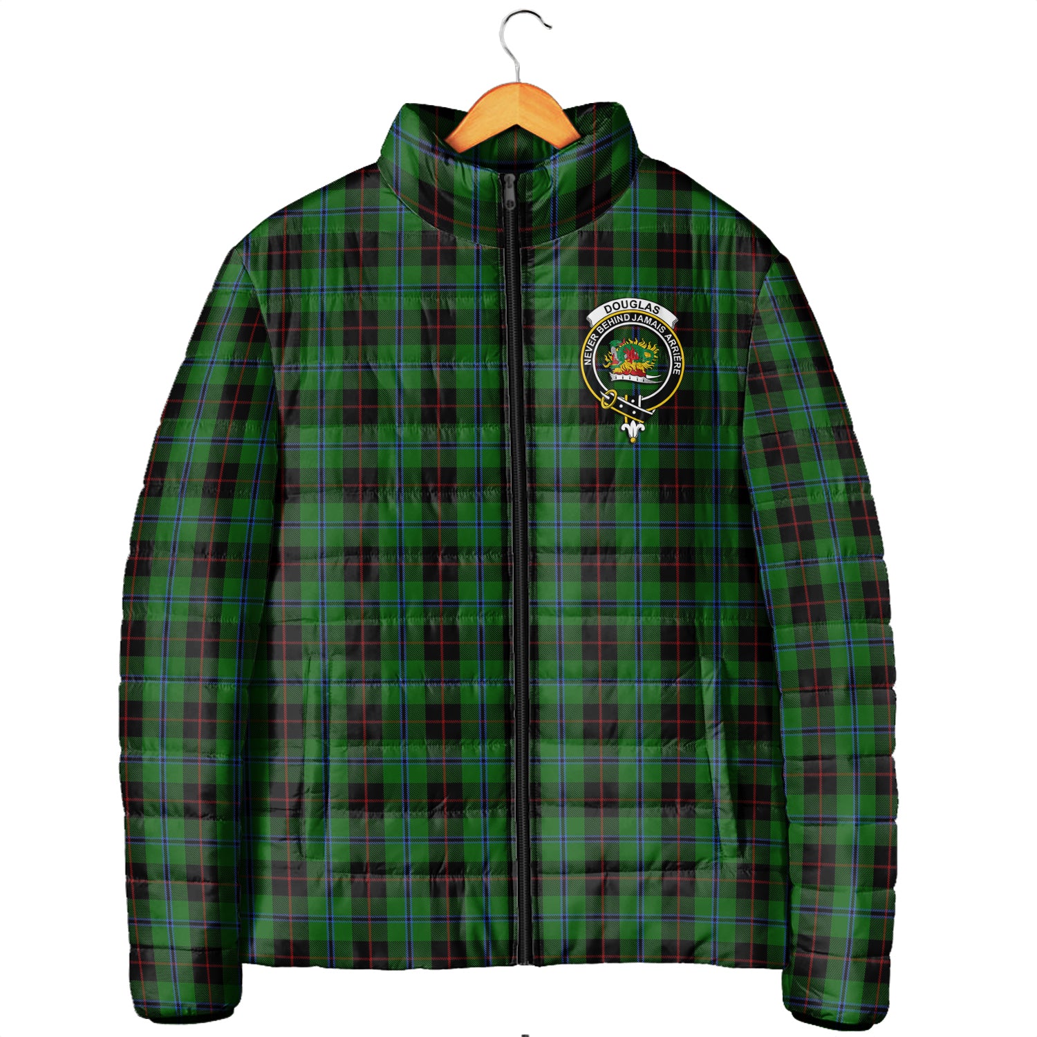 Douglas Black Tartan Padded Jacket with Family Crest Men's Padded Jacket - Tartan Vibes Clothing