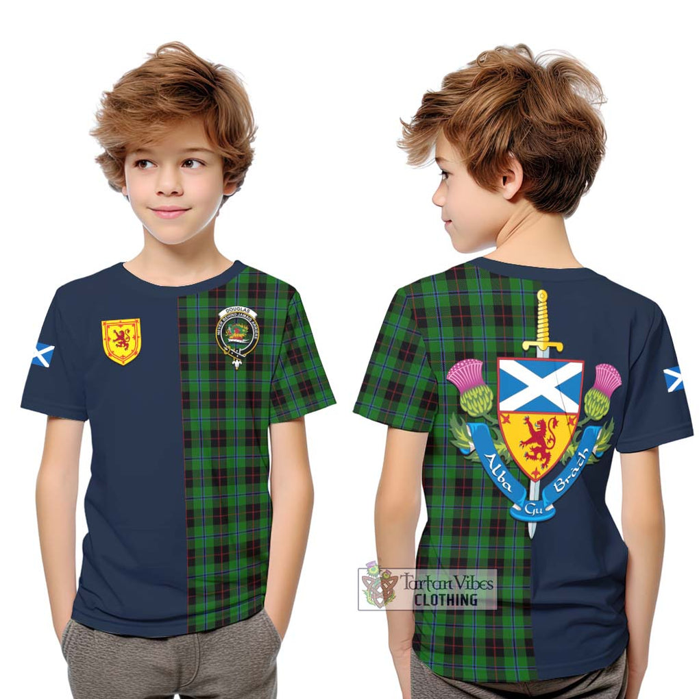 Tartan Vibes Clothing Douglas Black Tartan Kid T-Shirt with Scottish Lion Royal Arm Half Style