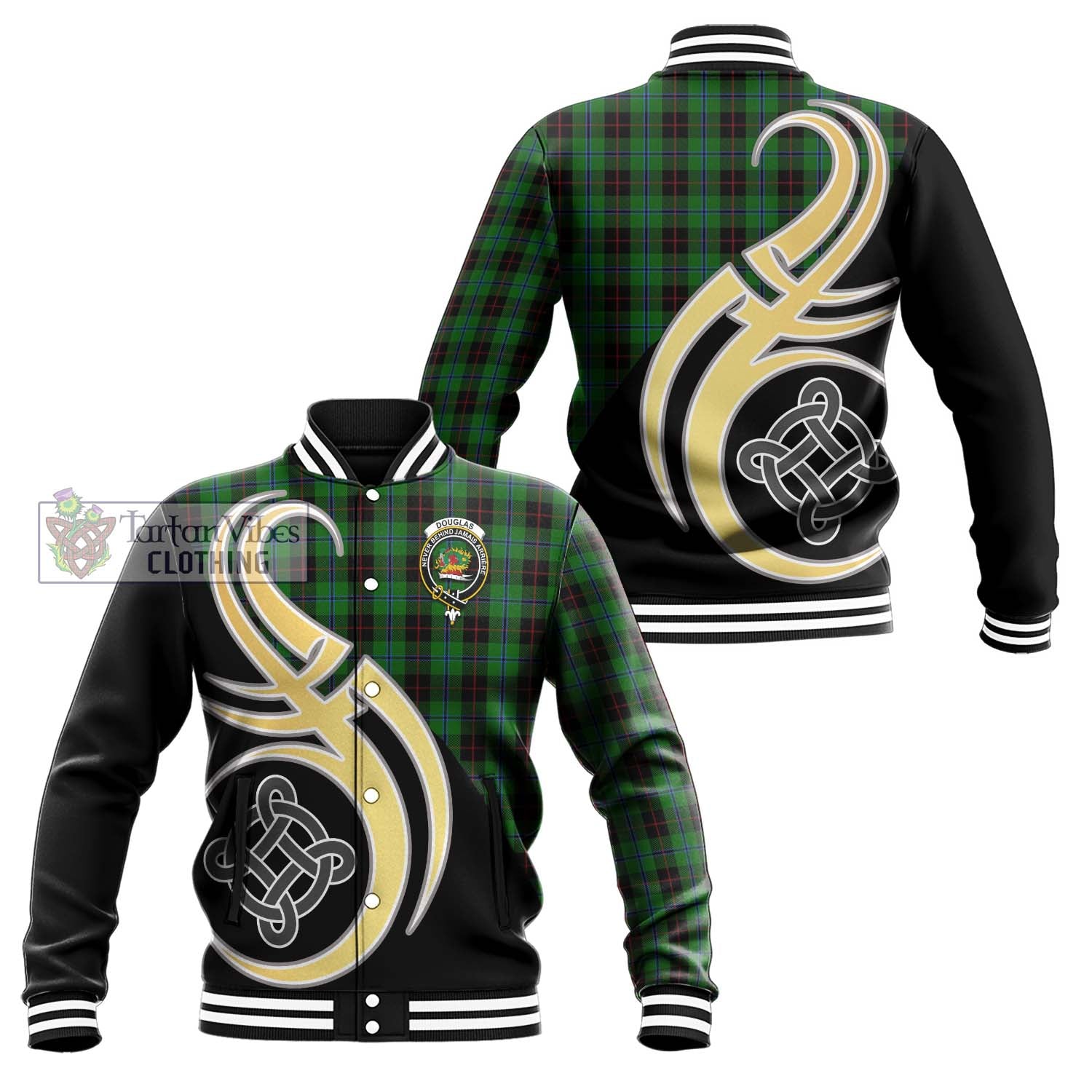 Douglas Black Tartan Baseball Jacket with Family Crest and Celtic Symbol Style Unisex - Tartan Vibes Clothing