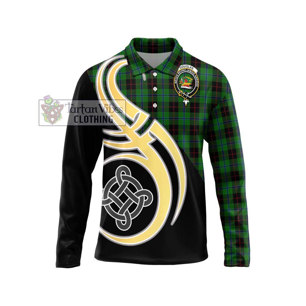 Douglas Black Tartan Long Sleeve Polo Shirt with Family Crest and Celtic Symbol Style Unisex - Tartan Vibes Clothing