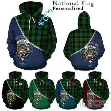 Douglas Black Tartan Hoodie with Personalised National Flag and Family Crest Half Style