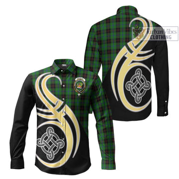 Douglas Black Tartan Long Sleeve Button Shirt with Family Crest and Celtic Symbol Style