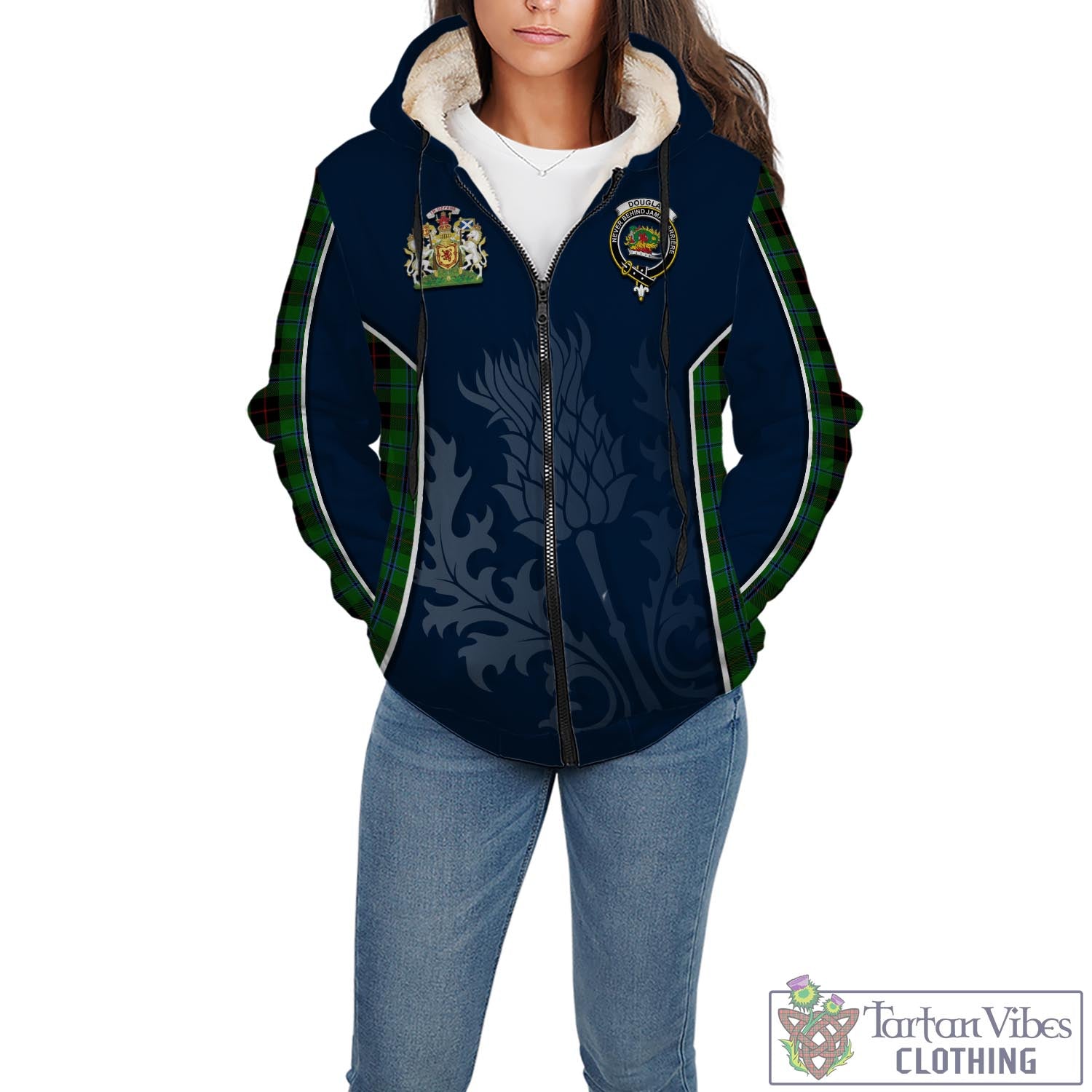 Tartan Vibes Clothing Douglas Black Tartan Sherpa Hoodie with Family Crest and Scottish Thistle Vibes Sport Style