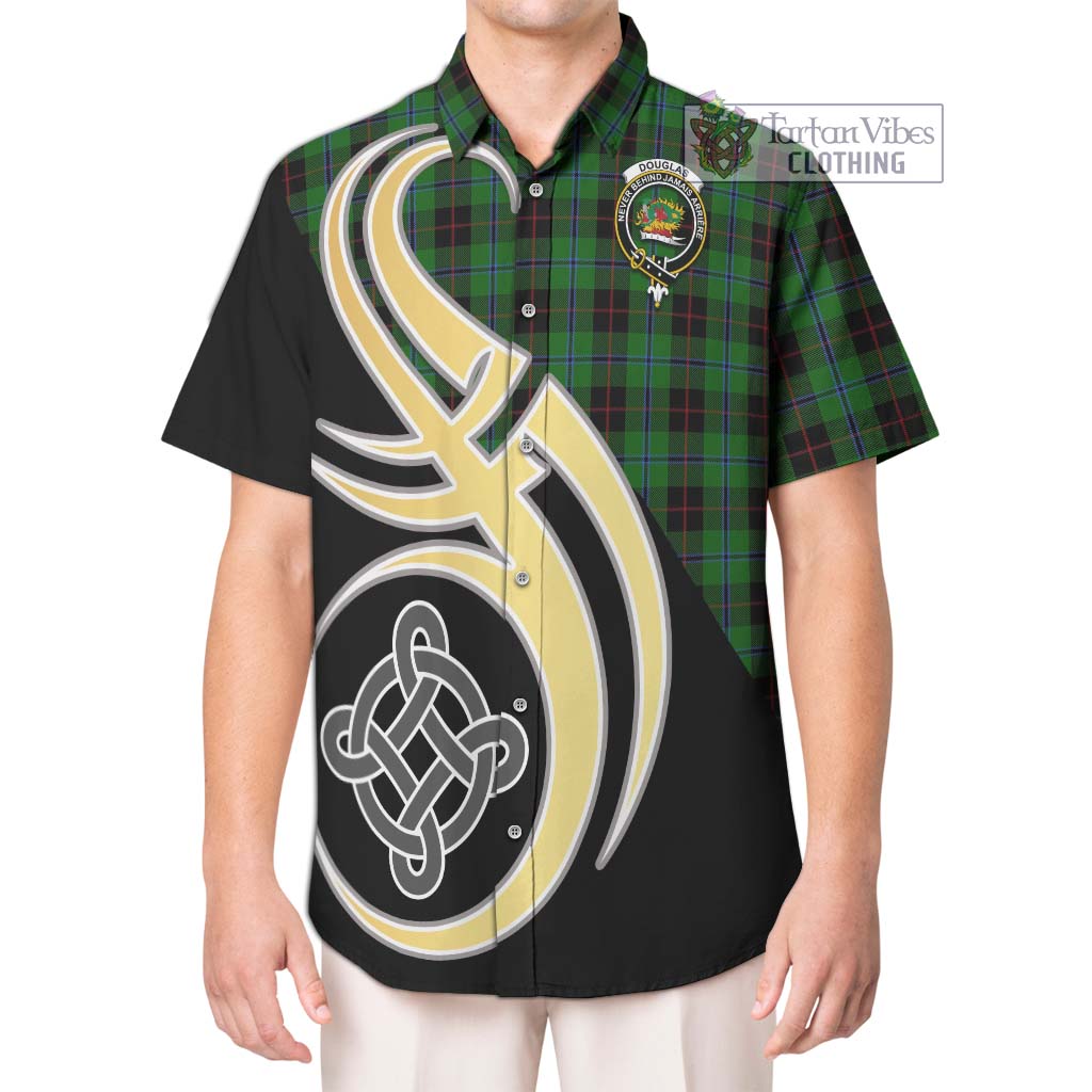 Douglas Black Tartan Short Sleeve Button Shirt with Family Crest and Celtic Symbol Style Kid - Tartan Vibes Clothing