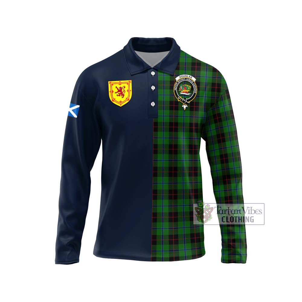 Tartan Vibes Clothing Douglas Black Tartan Long Sleeve Polo Shirt with Scottish Lion Royal Arm Half Style