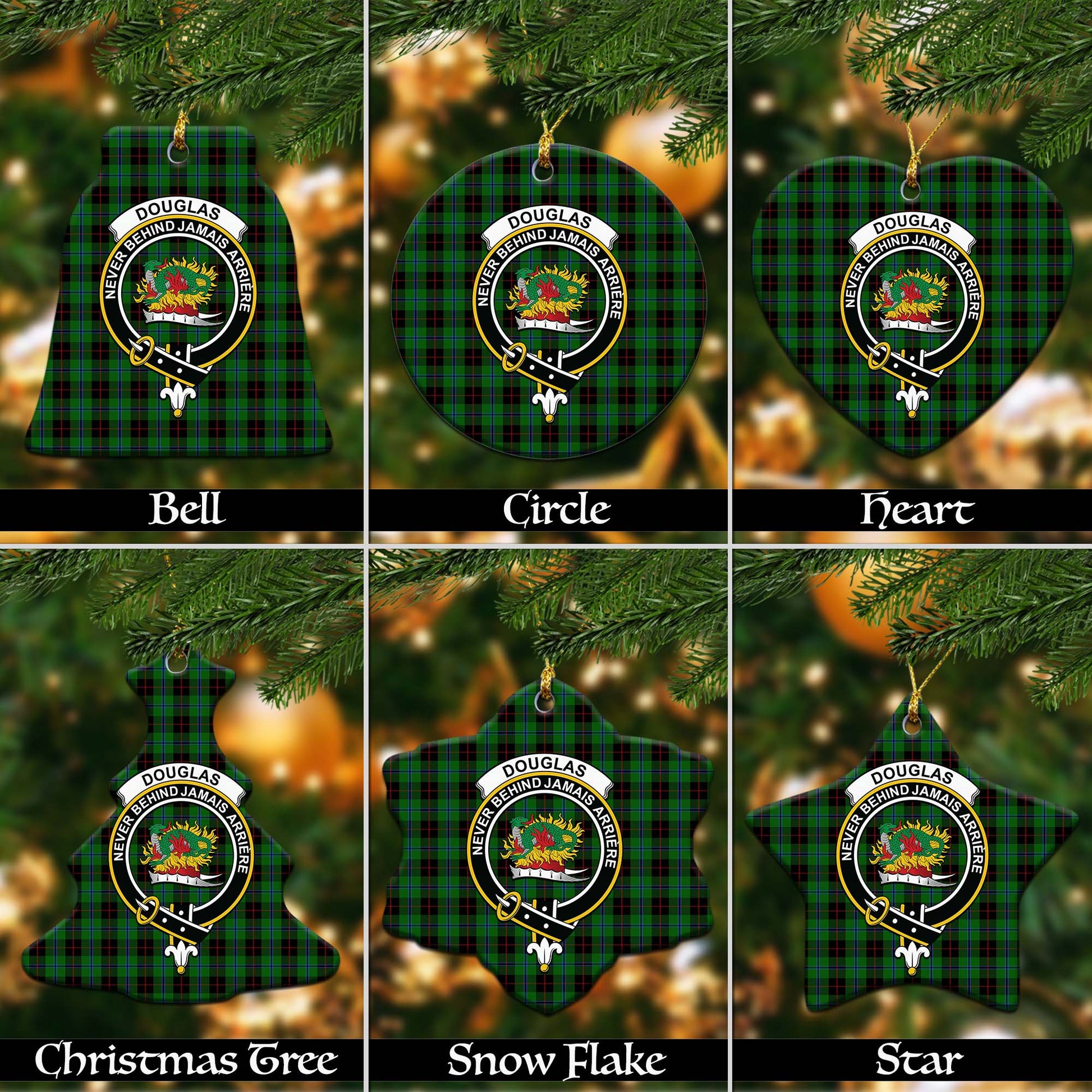 Douglas Black Tartan Christmas Ornaments with Family Crest - Tartanvibesclothing