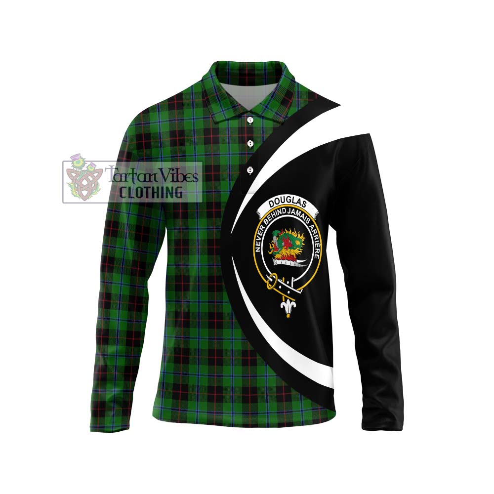 Douglas Black Tartan Long Sleeve Polo Shirt with Family Crest Circle Style Unisex - Tartan Vibes Clothing