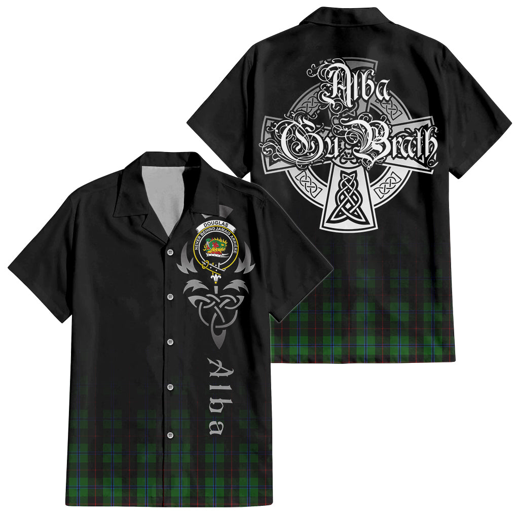 Tartan Vibes Clothing Douglas Black Tartan Short Sleeve Button Up Featuring Alba Gu Brath Family Crest Celtic Inspired