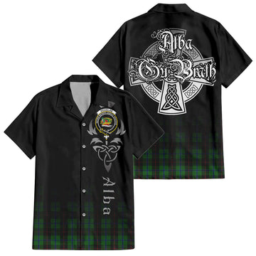 Douglas Black Tartan Short Sleeve Button Up Shirt Featuring Alba Gu Brath Family Crest Celtic Inspired