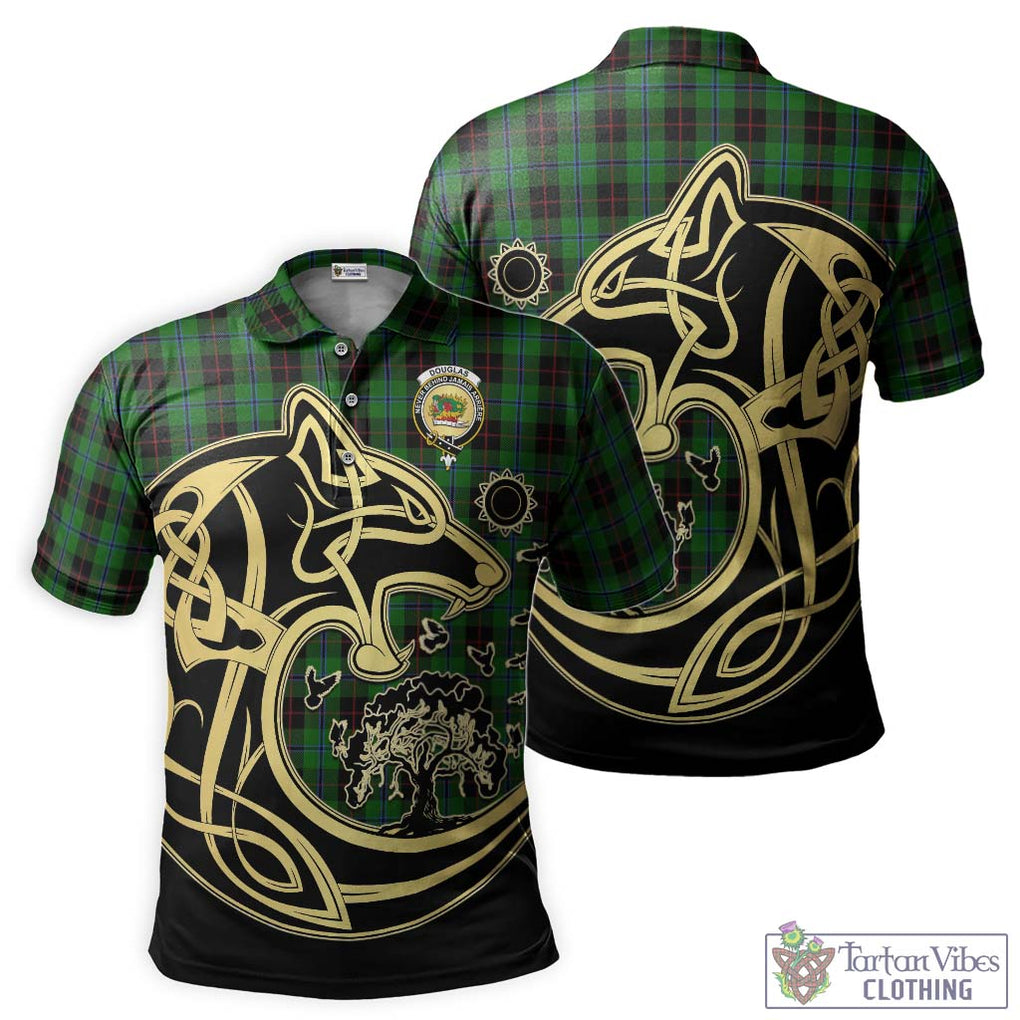 Douglas Black Tartan Polo Shirt with Family Crest Celtic Wolf Style Kid - Tartanvibesclothing Shop