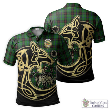 Douglas Black Tartan Polo Shirt with Family Crest Celtic Wolf Style