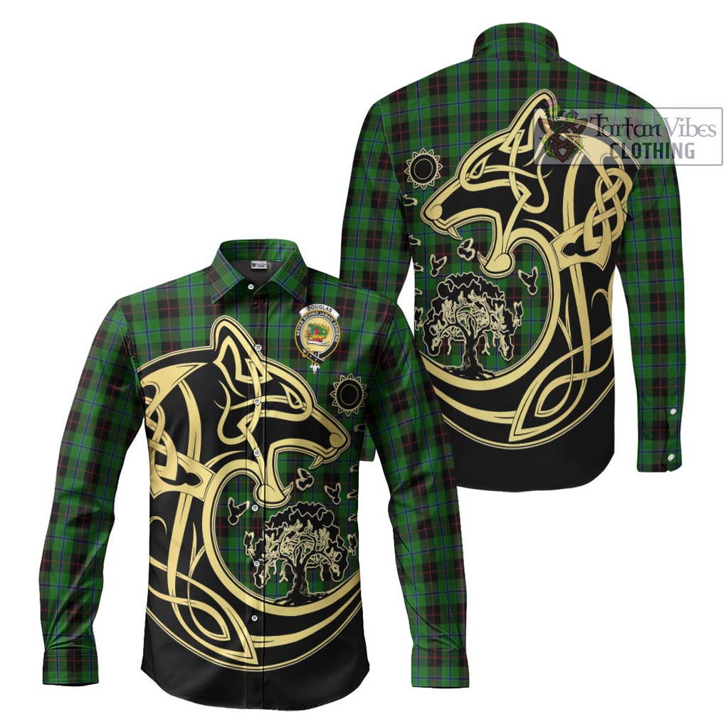 Douglas Black Tartan Long Sleeve Button Shirt with Family Crest Celtic Wolf Style Men's Shirt S - Tartan Vibes Clothing