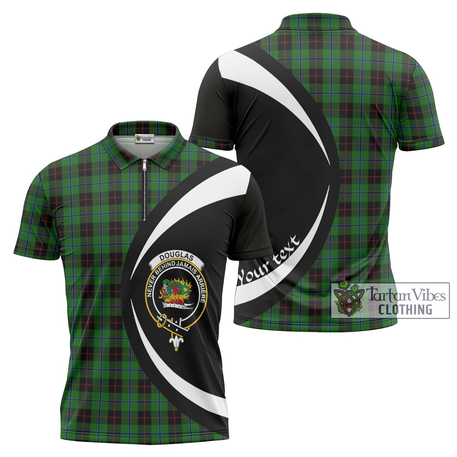 Tartan Vibes Clothing Douglas Black Tartan Zipper Polo Shirt with Family Crest Circle Style