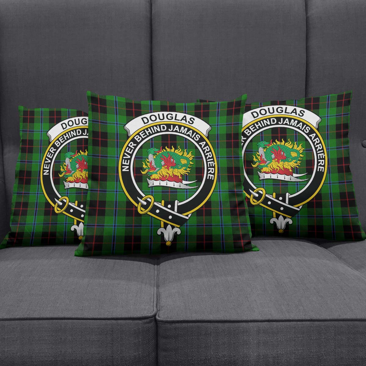 Douglas Black Tartan Pillow Cover with Family Crest Square Pillow Cover - Tartanvibesclothing