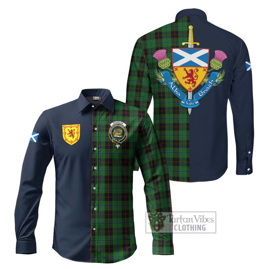 Tartan Vibes Clothing Douglas Black Tartan Long Sleeve Button Shirt with Scottish Lion Royal Arm Half Style