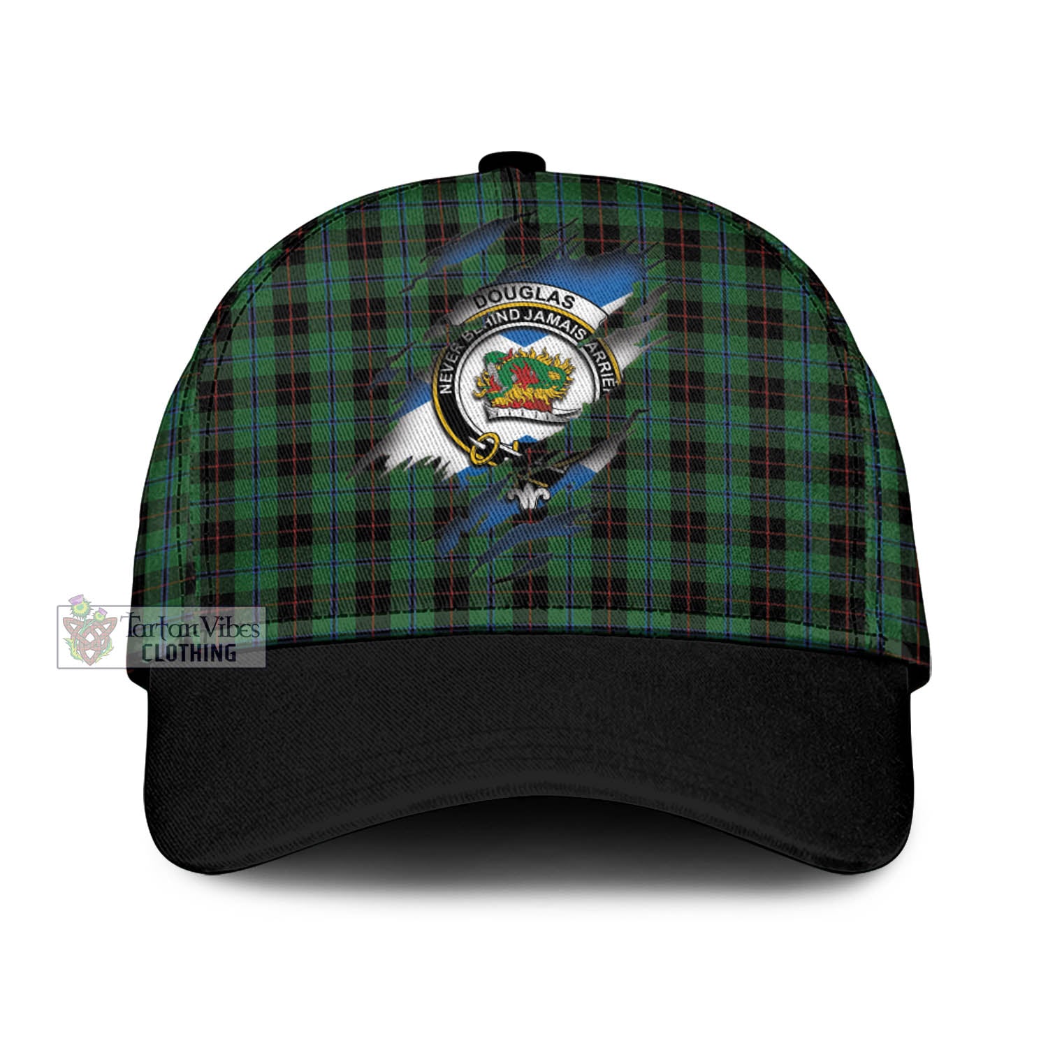 Tartan Vibes Clothing Douglas Black Tartan Classic Cap with Family Crest In Me Style