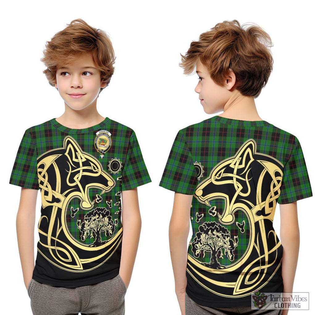 Douglas Black Tartan Kid T-Shirt with Family Crest Celtic Wolf Style Youth XL Size14 - Tartan Vibes Clothing