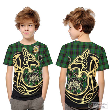 Douglas Black Tartan Kid T-Shirt with Family Crest Celtic Wolf Style