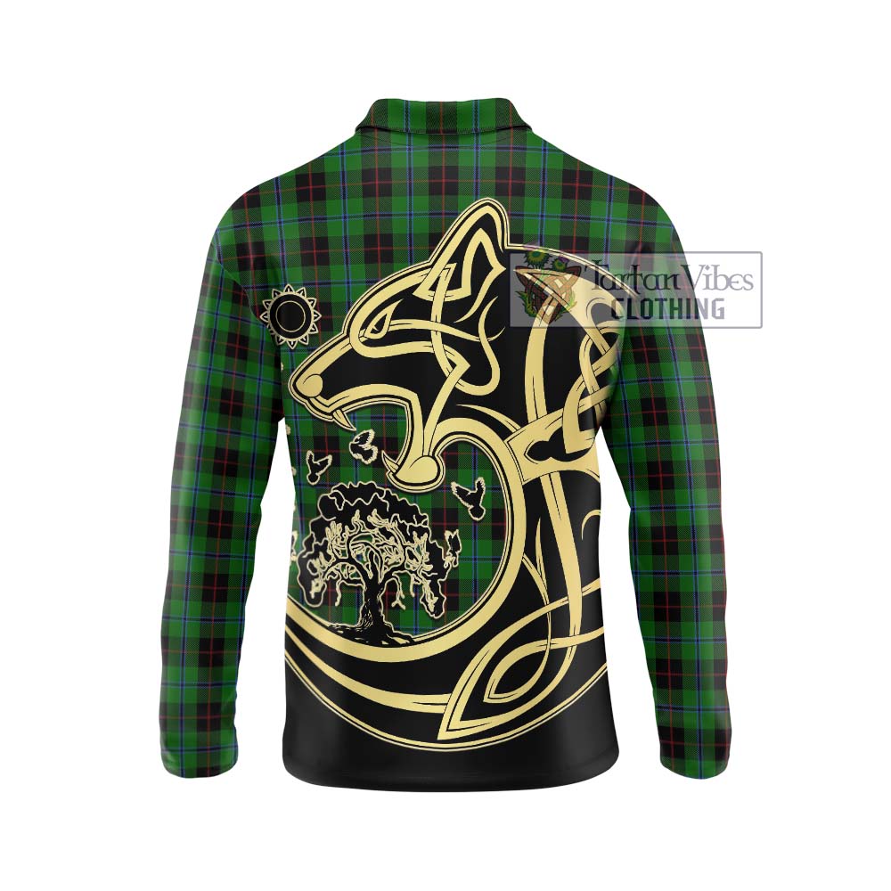 Douglas Black Tartan Long Sleeve Polo Shirt with Family Crest Celtic Wolf Style - Tartanvibesclothing Shop