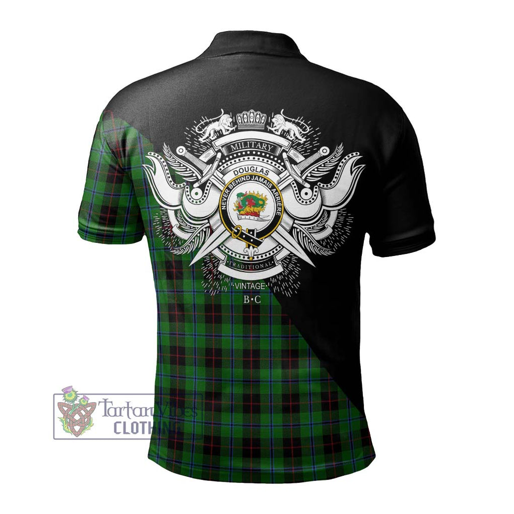 Douglas Black Tartan Polo Shirt with Family Crest and Military Logo Style - Tartanvibesclothing Shop