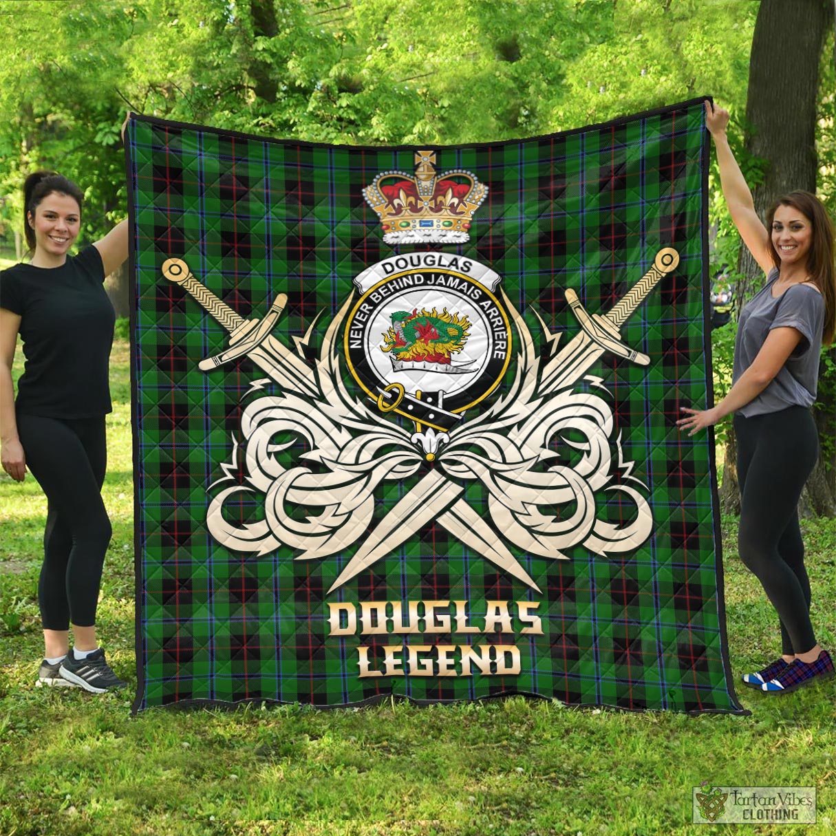 Tartan Vibes Clothing Douglas Black Tartan Quilt with Clan Crest and the Golden Sword of Courageous Legacy