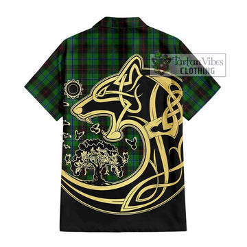 Douglas Black Tartan Short Sleeve Button Shirt with Family Crest Celtic Wolf Style