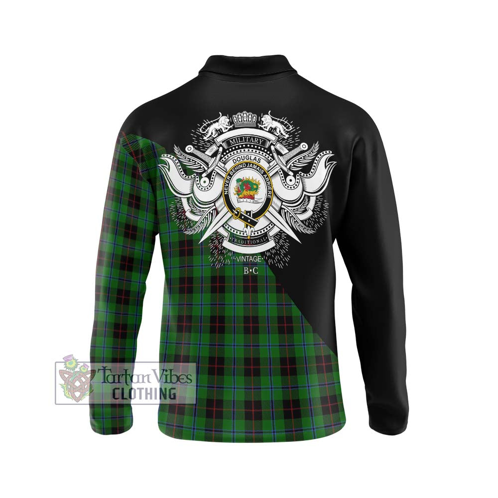 Douglas Black Tartan Long Sleeve Polo Shirt with Family Crest and Military Logo Style - Tartanvibesclothing Shop