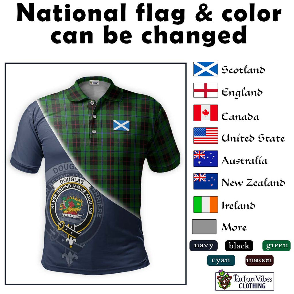 Douglas Black Tartan Polo Shirt with Personalised National Flag and Family Crest Half Style - Tartanvibesclothing Shop