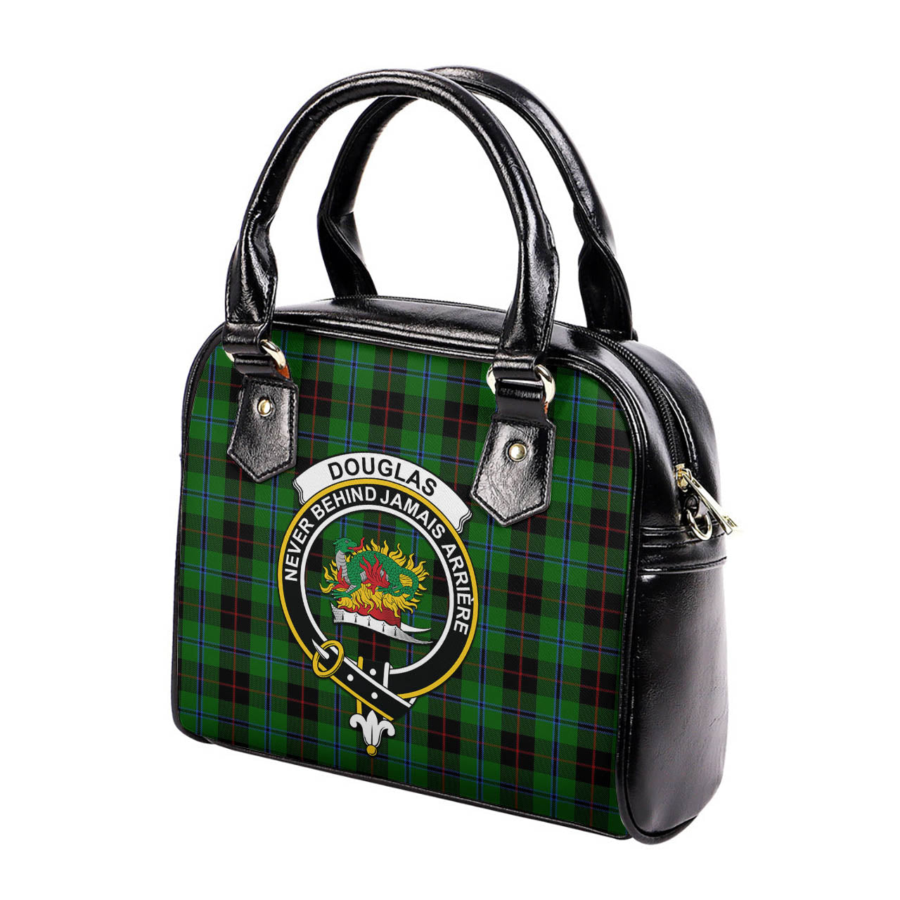 Douglas Black Tartan Shoulder Handbags with Family Crest - Tartanvibesclothing