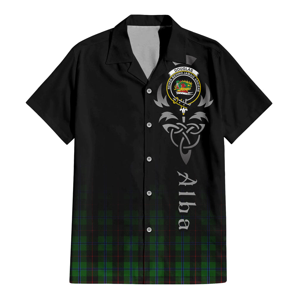 Tartan Vibes Clothing Douglas Black Tartan Short Sleeve Button Up Featuring Alba Gu Brath Family Crest Celtic Inspired