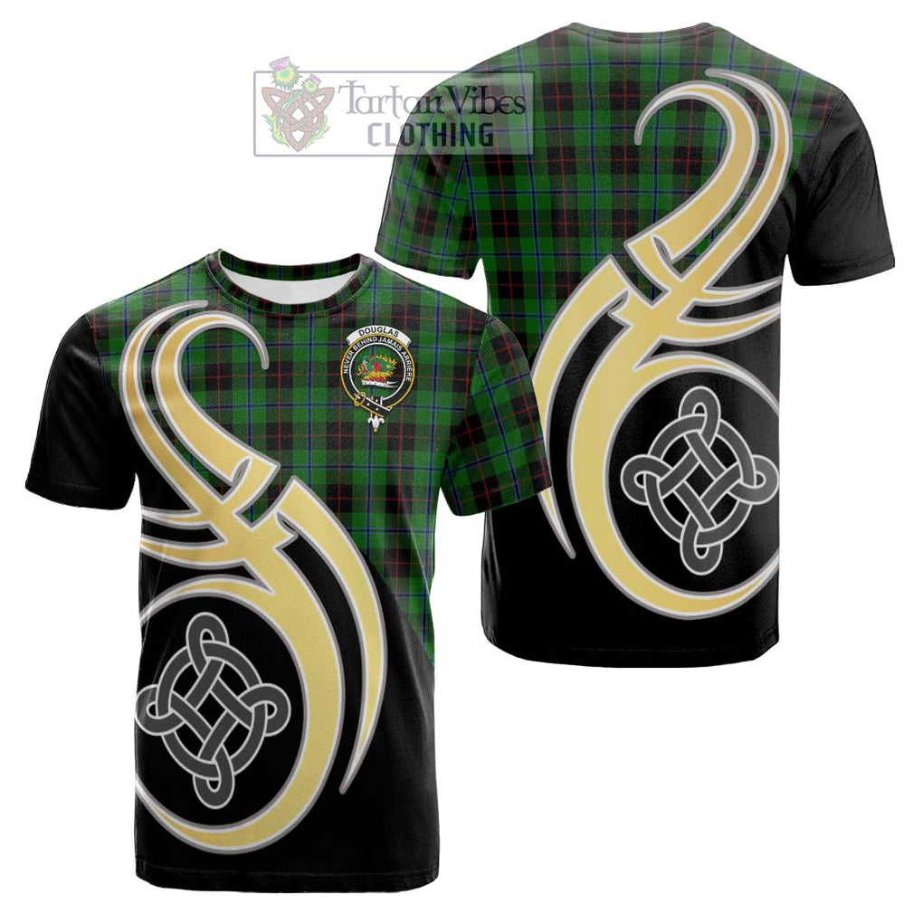 Tartan Vibes Clothing Douglas Black Tartan Cotton T-shirt with Family Crest and Celtic Symbol Style