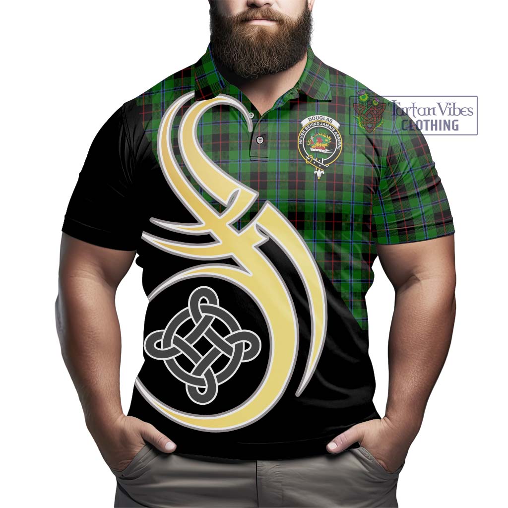 Douglas Black Tartan Polo Shirt with Family Crest and Celtic Symbol Style - Tartan Vibes Clothing