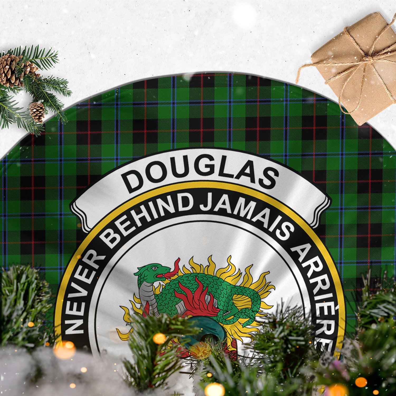 Douglas Black Tartan Christmas Tree Skirt with Family Crest - Tartanvibesclothing