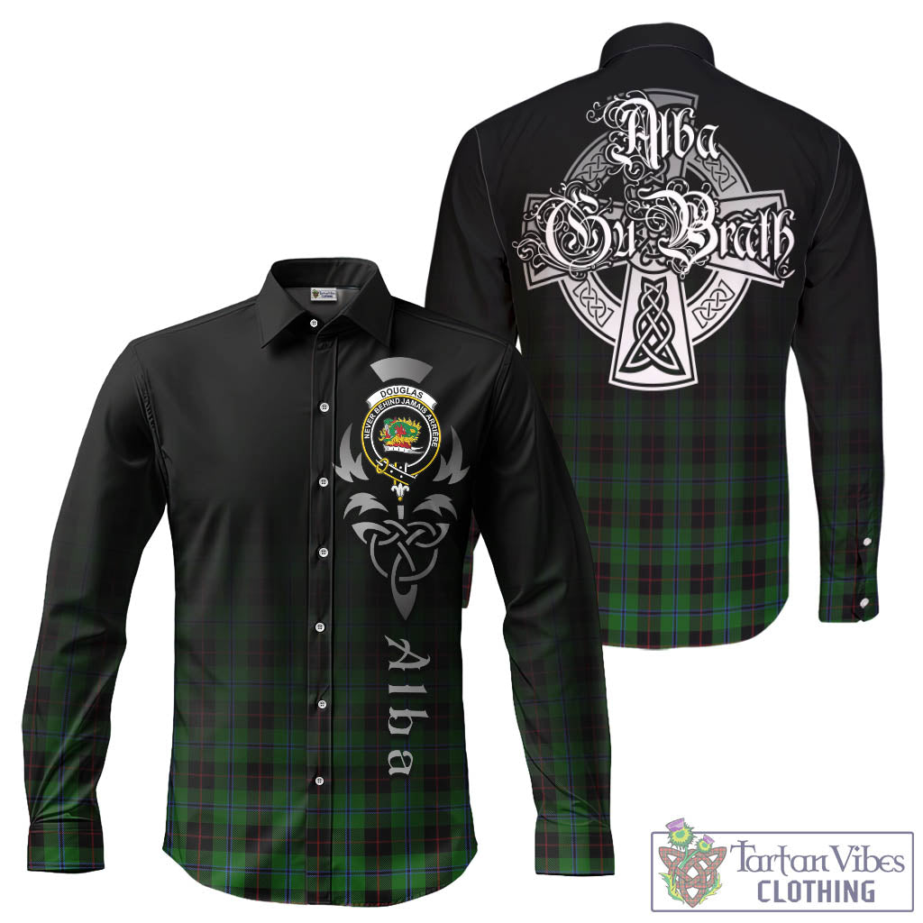 Tartan Vibes Clothing Douglas Black Tartan Long Sleeve Button Up Featuring Alba Gu Brath Family Crest Celtic Inspired