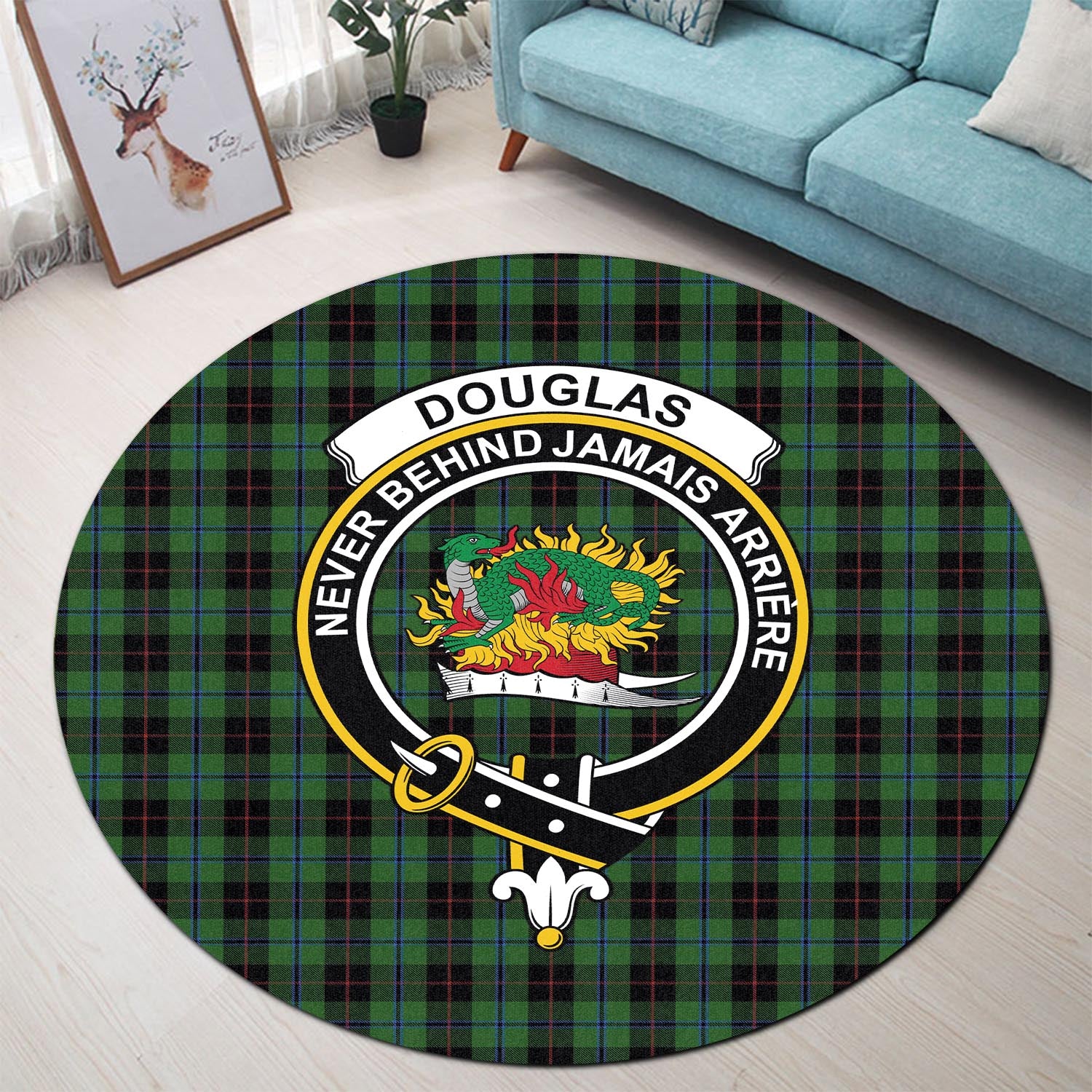 Douglas Black Tartan Round Rug with Family Crest - Tartanvibesclothing