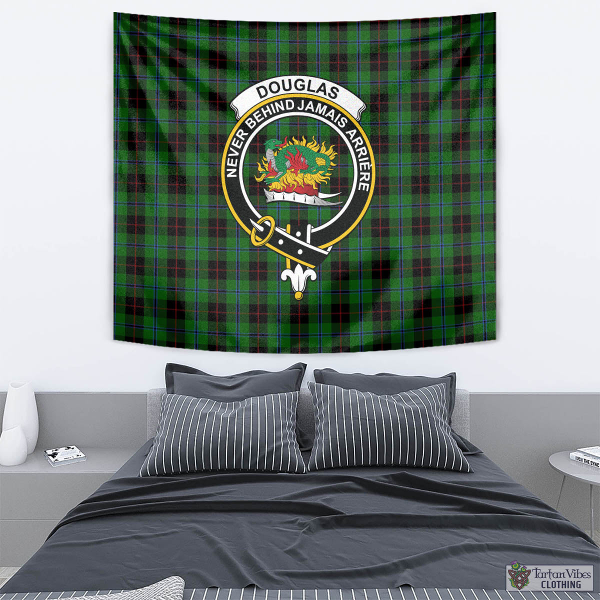 Tartan Vibes Clothing Douglas Black Tartan Tapestry Wall Hanging and Home Decor for Room with Family Crest