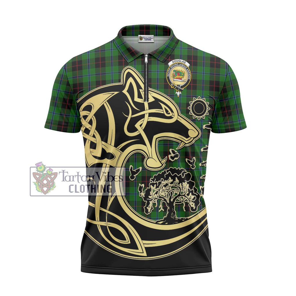 Douglas Black Tartan Zipper Polo Shirt with Family Crest Celtic Wolf Style - Tartanvibesclothing Shop