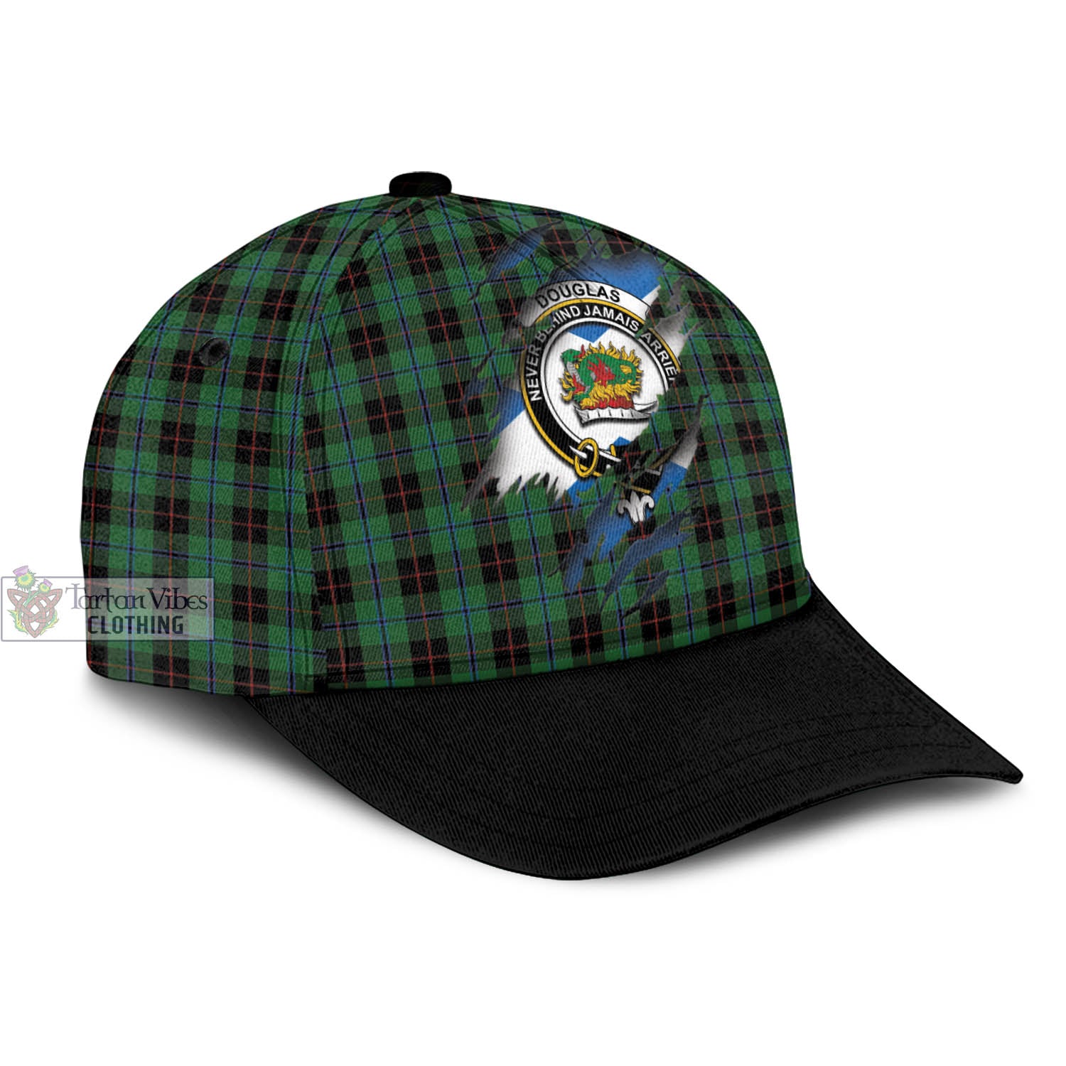 Tartan Vibes Clothing Douglas Black Tartan Classic Cap with Family Crest In Me Style