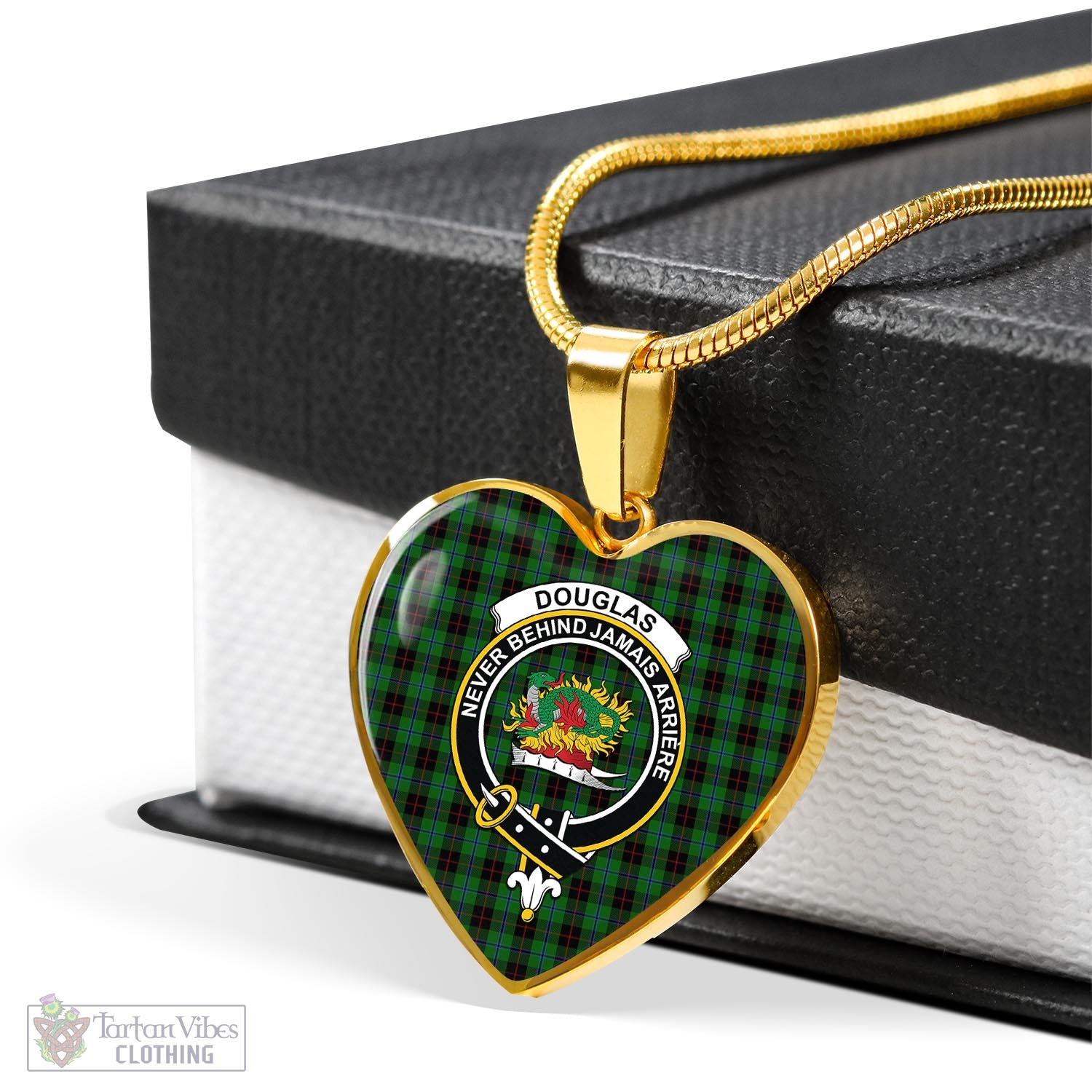 Tartan Vibes Clothing Douglas Black Tartan Heart Necklace with Family Crest