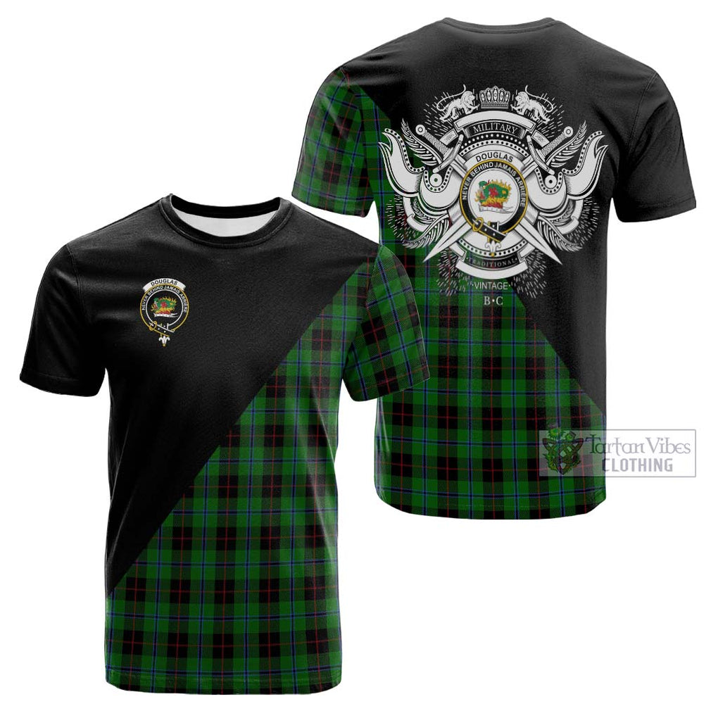 Tartan Vibes Clothing Douglas Black Tartan Cotton T-shirt with Family Crest and Military Logo Style