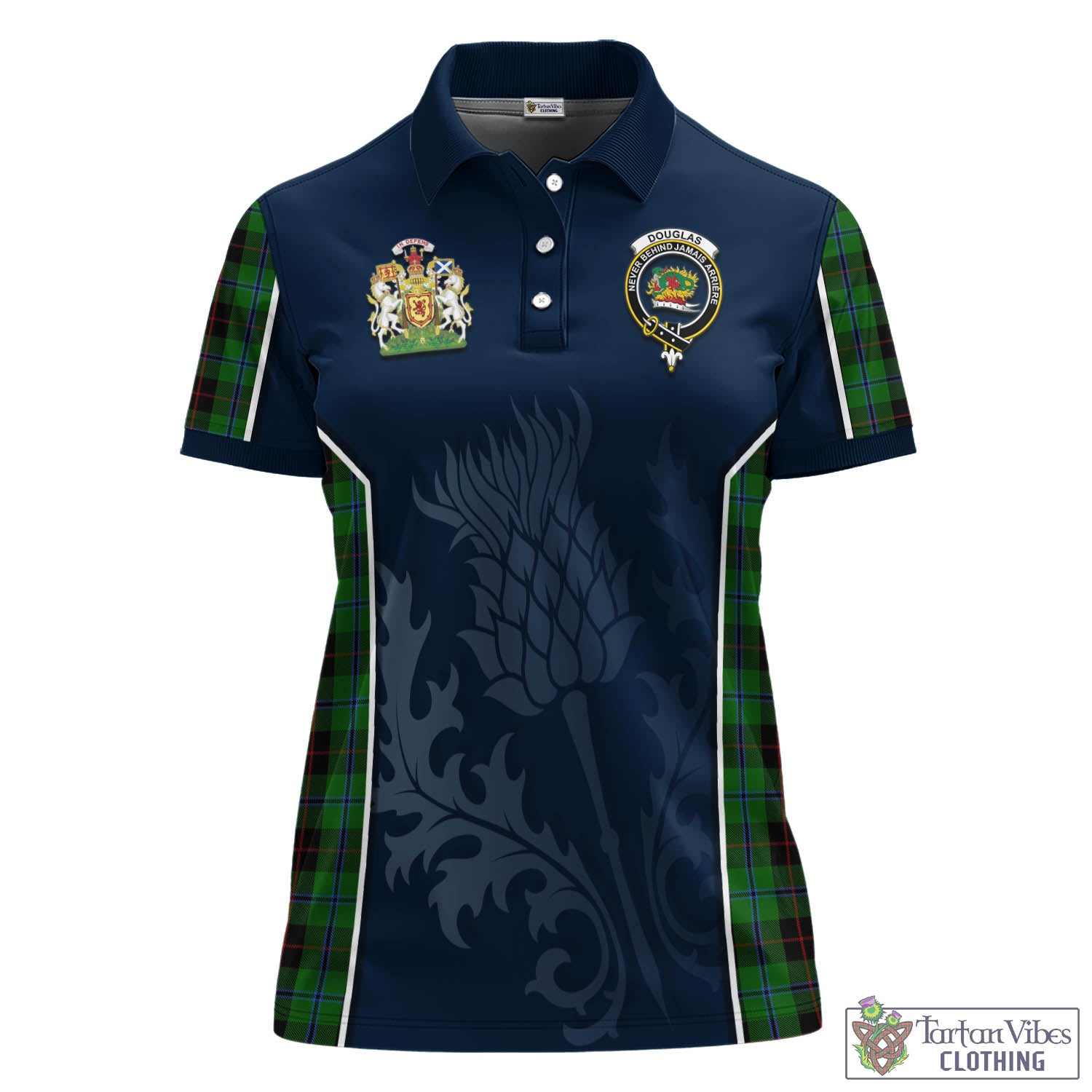 Tartan Vibes Clothing Douglas Black Tartan Women's Polo Shirt with Family Crest and Scottish Thistle Vibes Sport Style