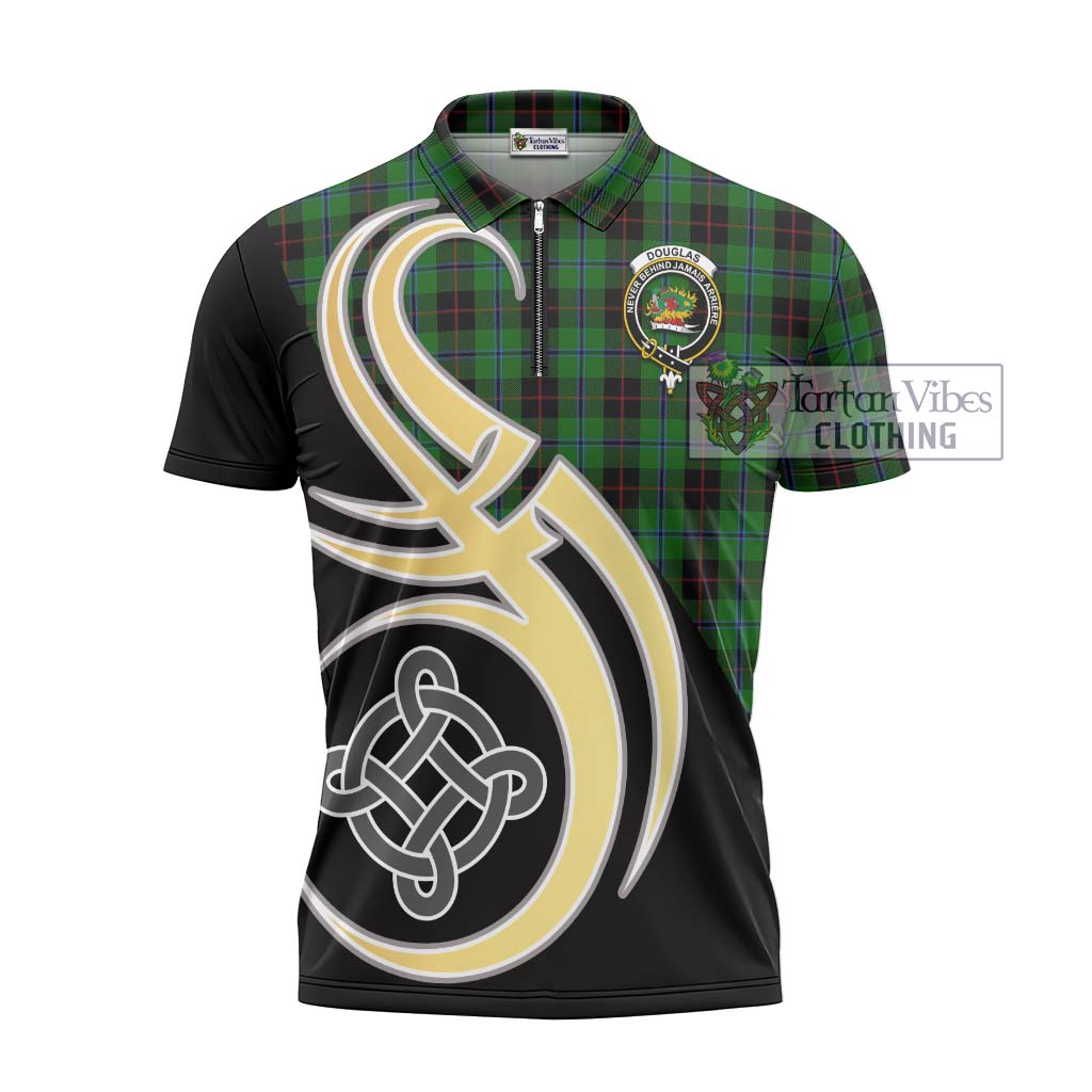 Tartan Vibes Clothing Douglas Black Tartan Zipper Polo Shirt with Family Crest and Celtic Symbol Style