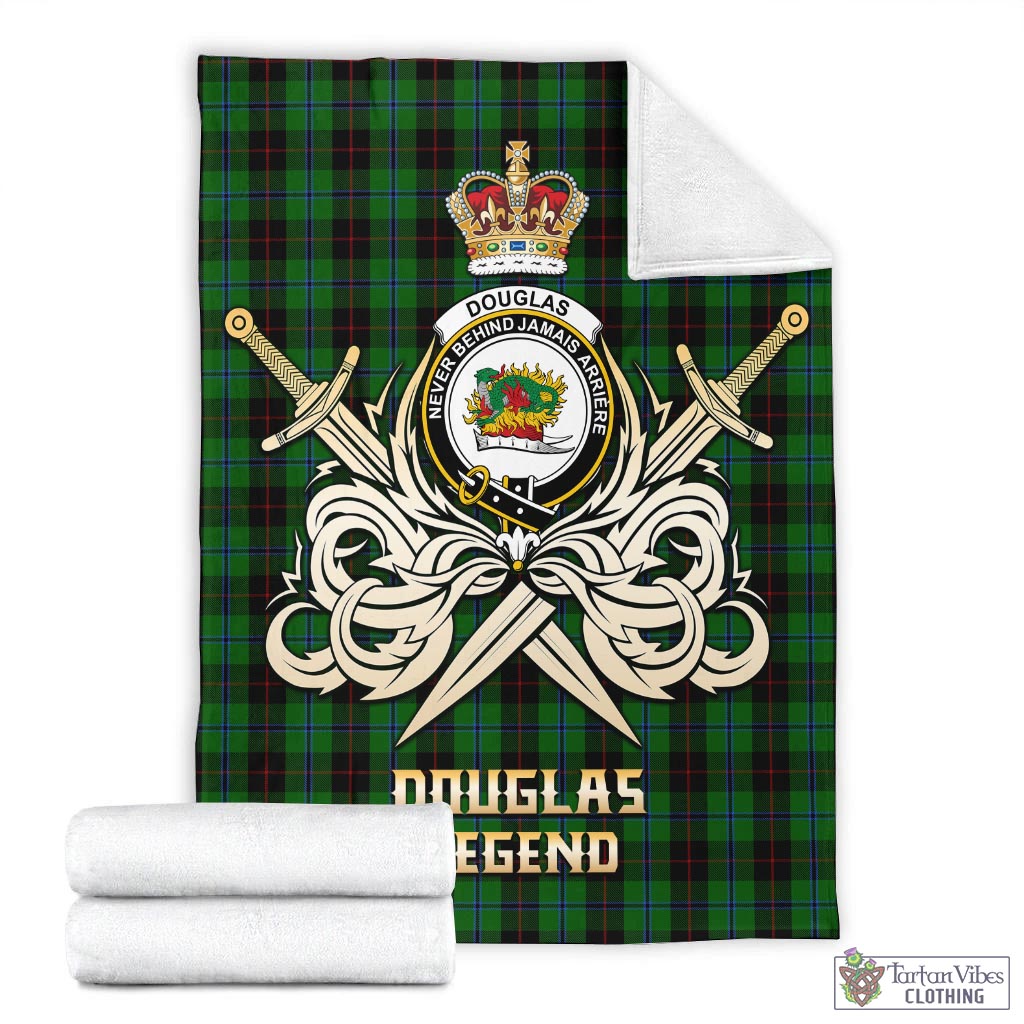 Tartan Vibes Clothing Douglas Black Tartan Blanket with Clan Crest and the Golden Sword of Courageous Legacy