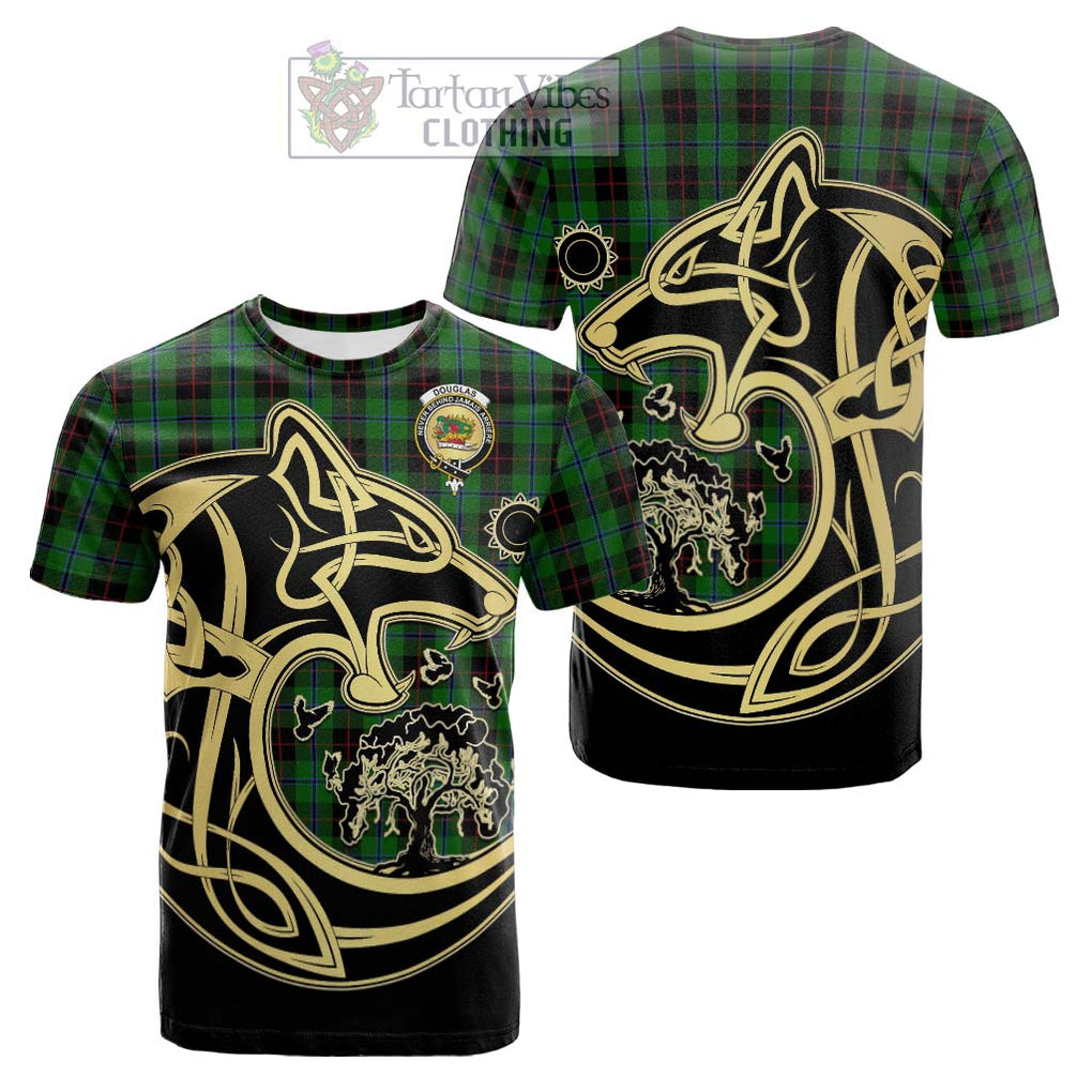 Tartan Vibes Clothing Douglas Black Tartan Cotton T-shirt with Family Crest Celtic Wolf Style