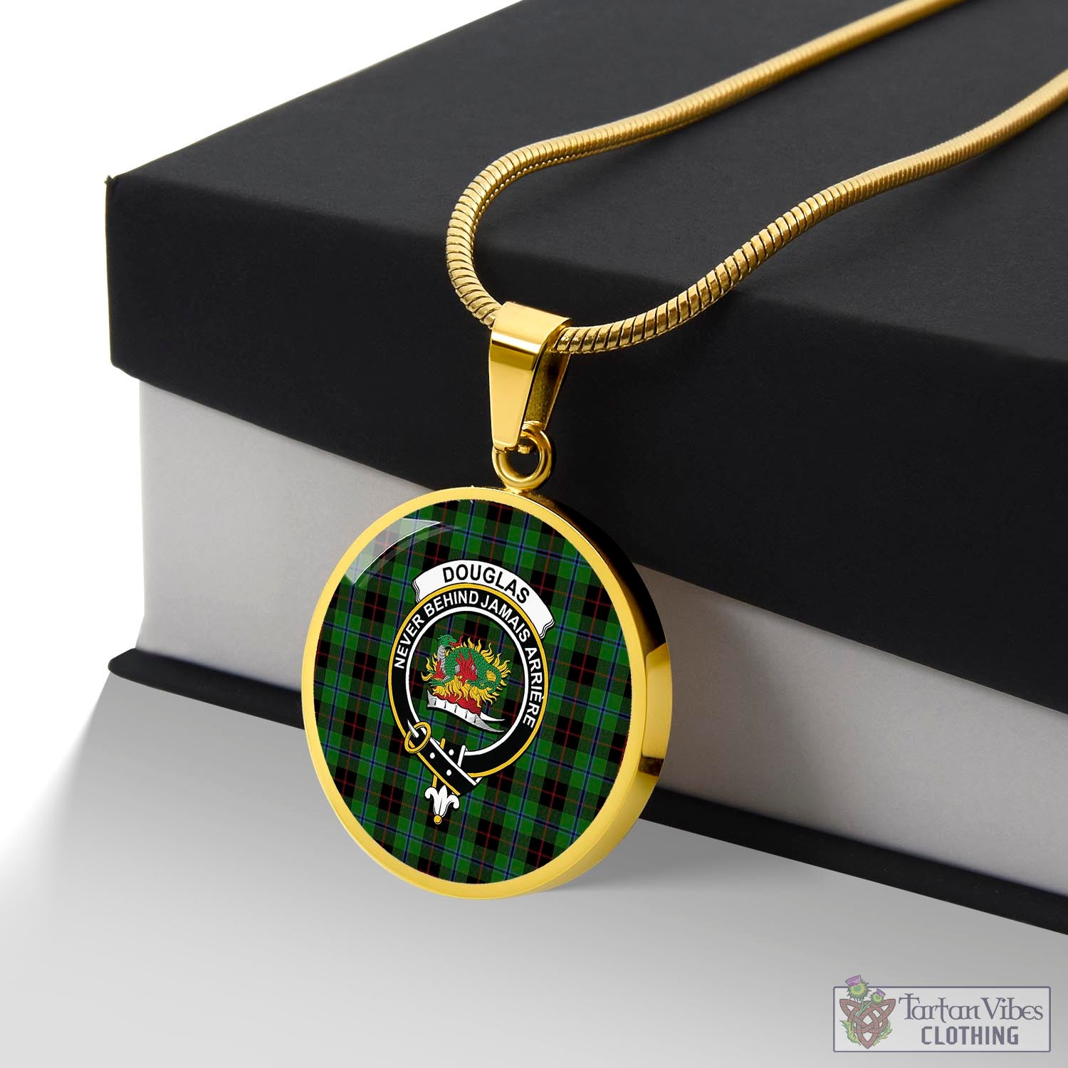 Tartan Vibes Clothing Douglas Black Tartan Circle Necklace with Family Crest