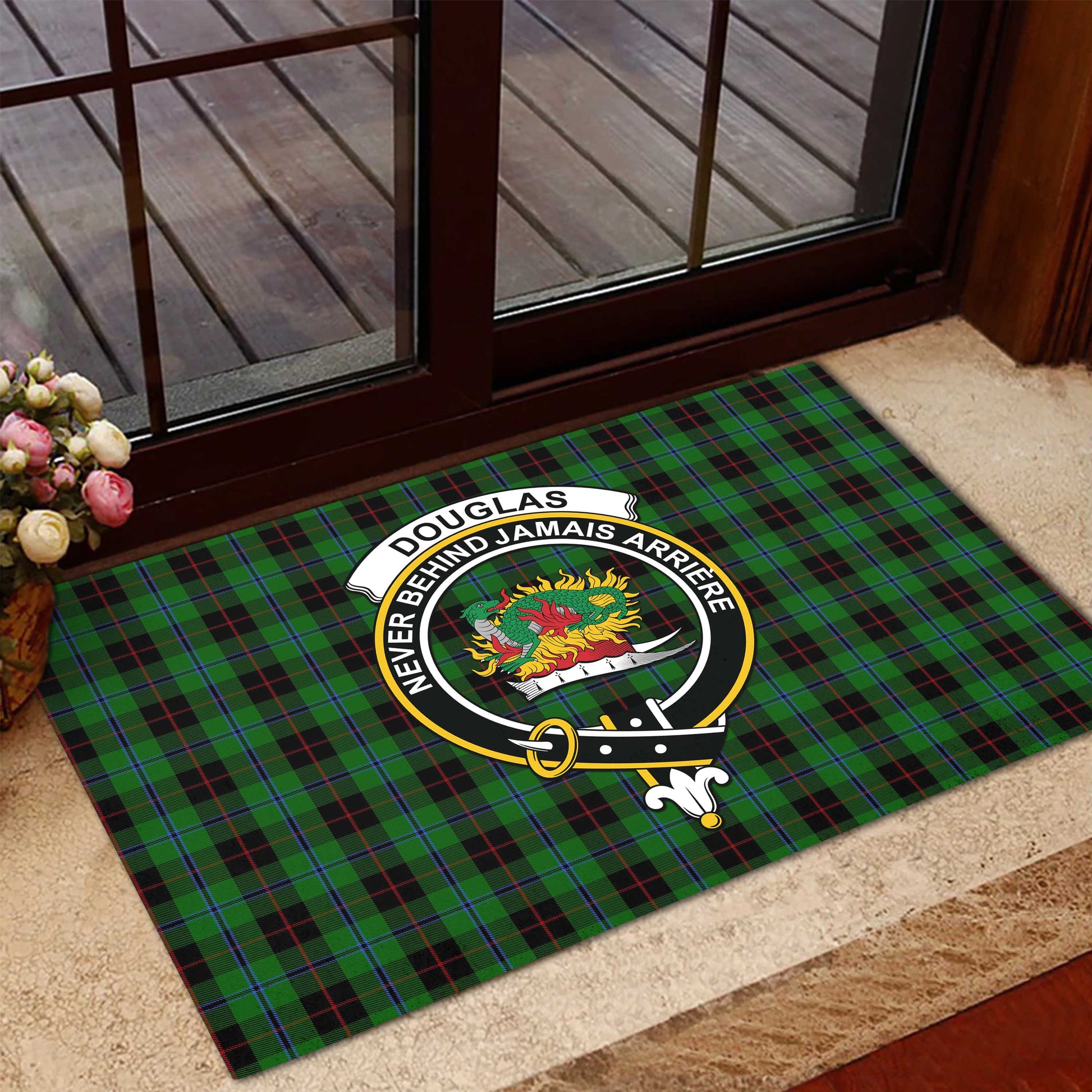 Douglas Black Tartan Door Mat with Family Crest - Tartanvibesclothing