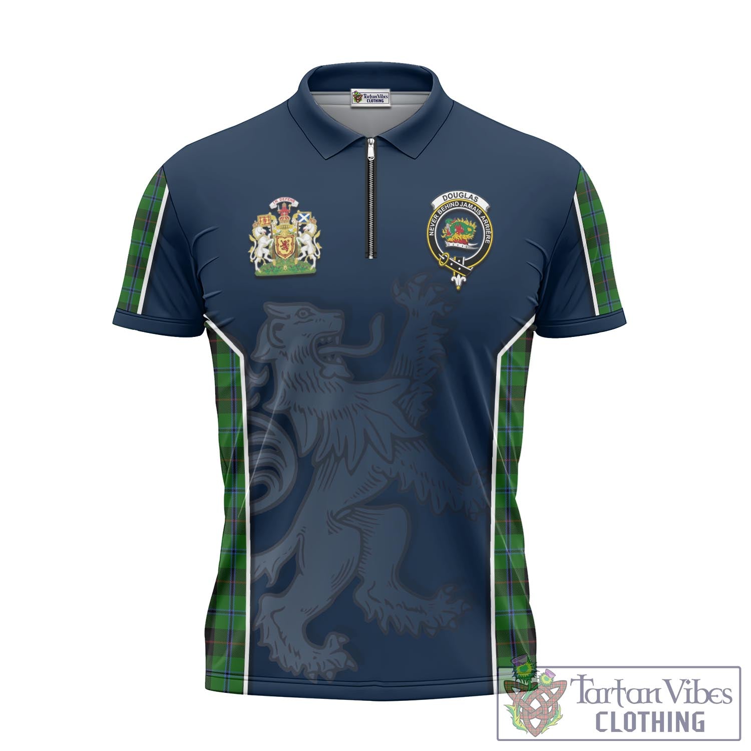 Tartan Vibes Clothing Douglas Black Tartan Zipper Polo Shirt with Family Crest and Lion Rampant Vibes Sport Style